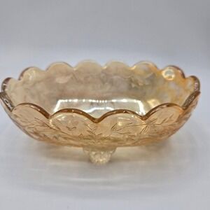 Vintage Jeannette Glass Floragold Louisa Pattern Small Oval 4-Footed Bowl EUC